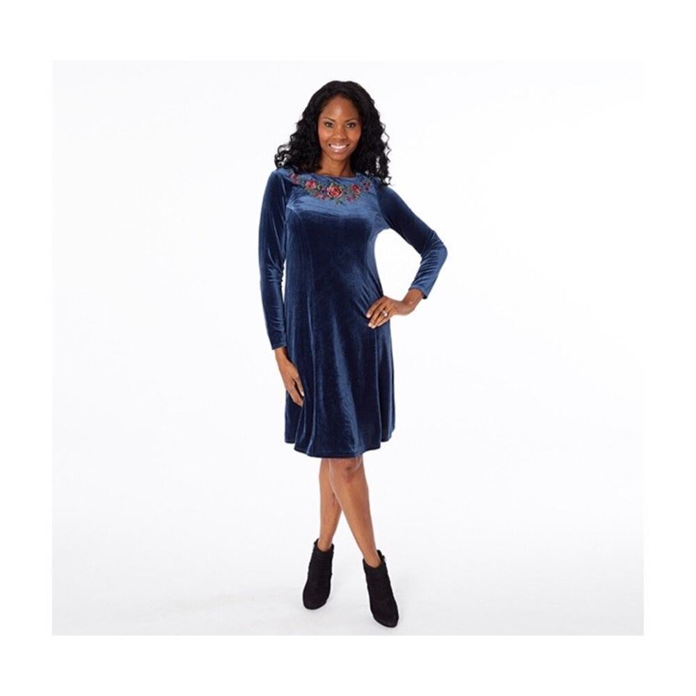 Quaker Factory Teal Blue Green Long Sleeve Velvet Embroidered Bling Dress 1XL - Picture 7 of 8